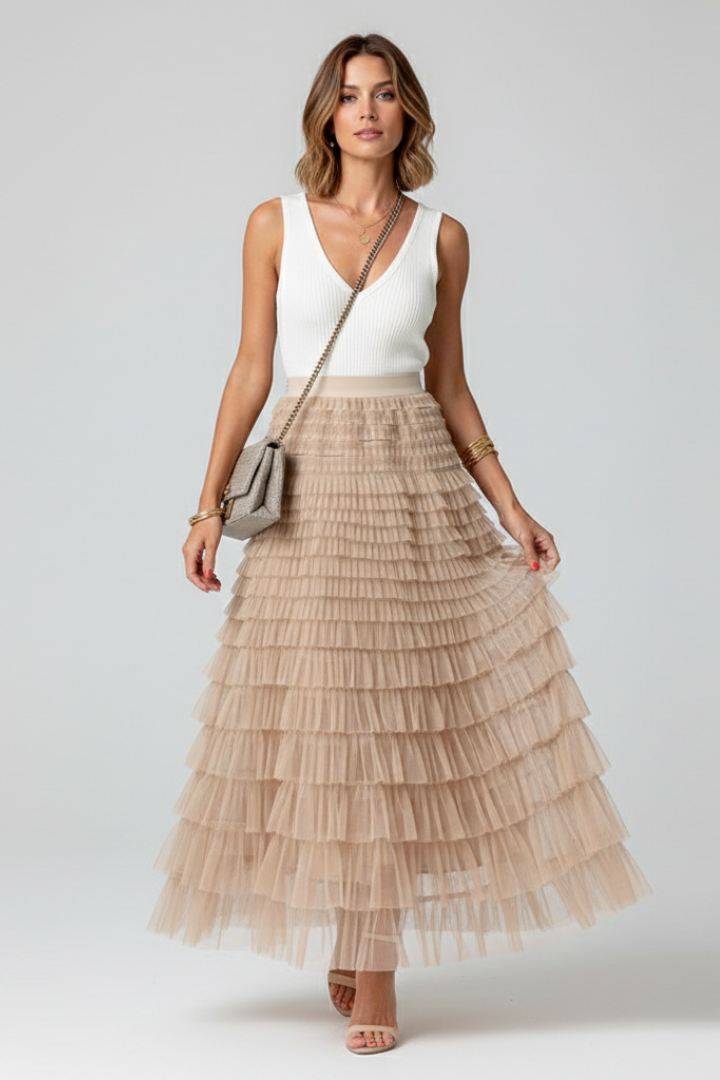 Women's Layered Midi Skirt with Elastic Waist