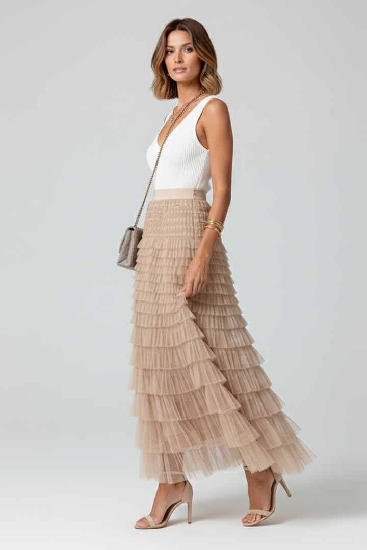 Women's Layered Midi Skirt with Elastic Waist