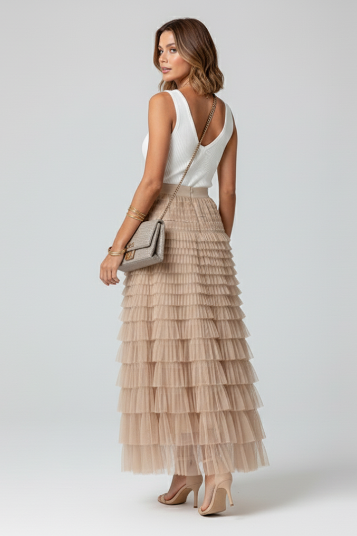 Women's Layered Midi Skirt with Elastic Waist
