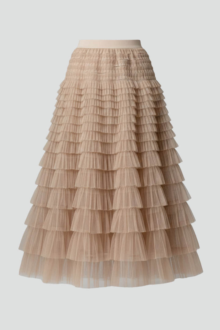 Women's Layered Midi Skirt with Elastic Waist