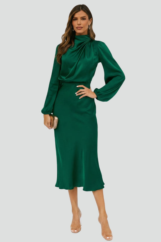 Women's High-Neck Long Sleeve Midi Dress