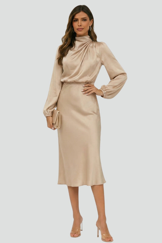 Women's High-Neck Long Sleeve Midi Dress