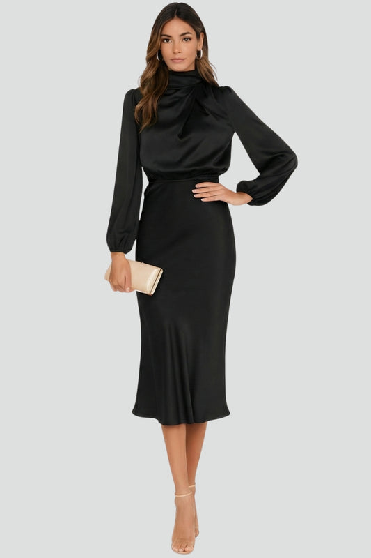 Women's High-Neck Long Sleeve Midi Dress