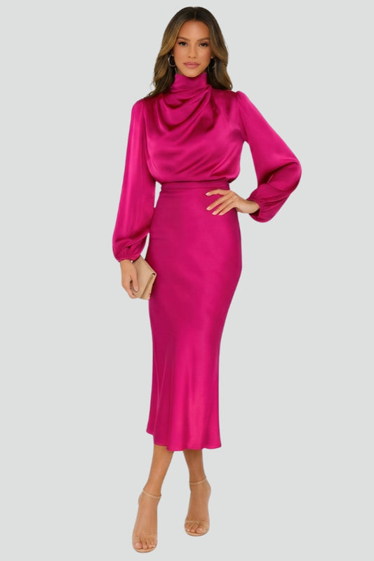 Women's High-Neck Long Sleeve Midi Dress