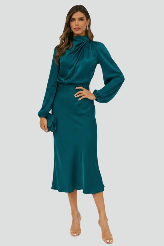 Women's High-Neck Long Sleeve Midi Dress