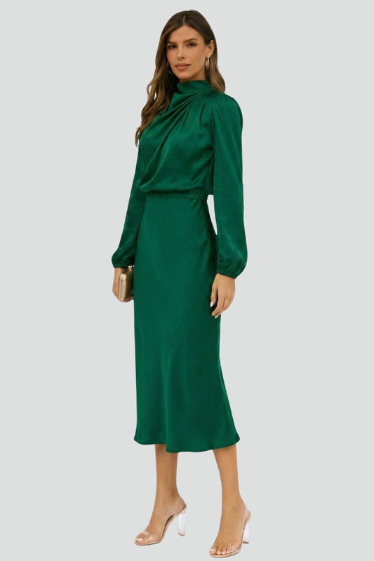Women's High-Neck Long Sleeve Midi Dress