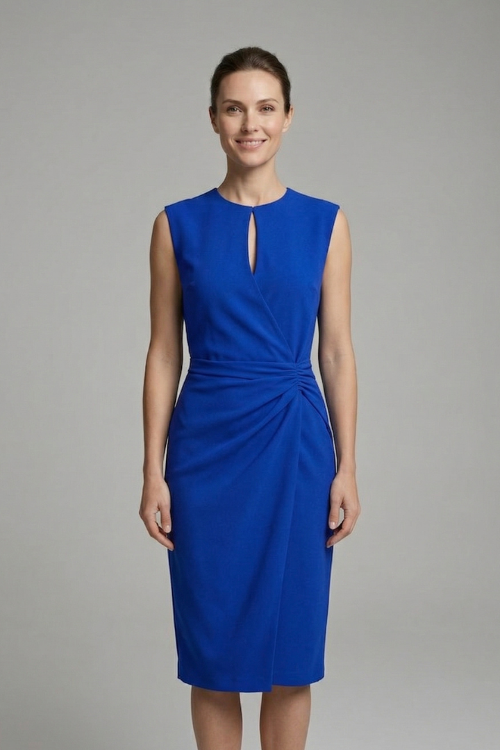 Women's Keyhole Neckline Midi Dress with Draped Waist