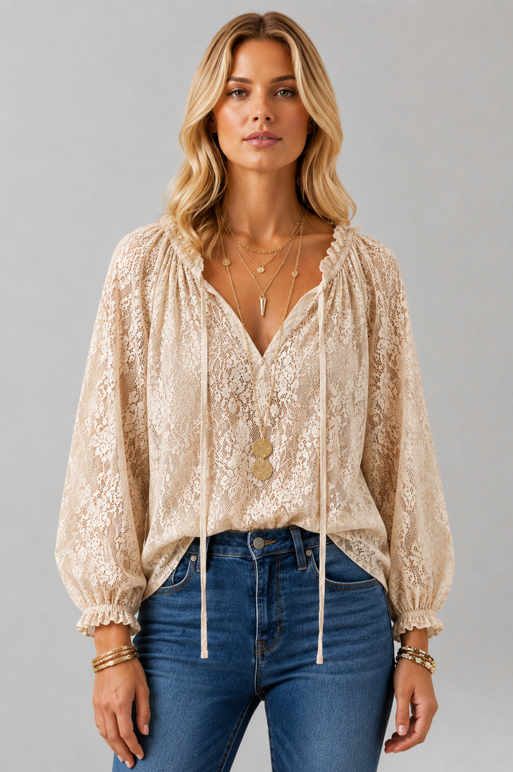 Women's Lace Blouse | Tie-Neckline Long-Sleeve Top