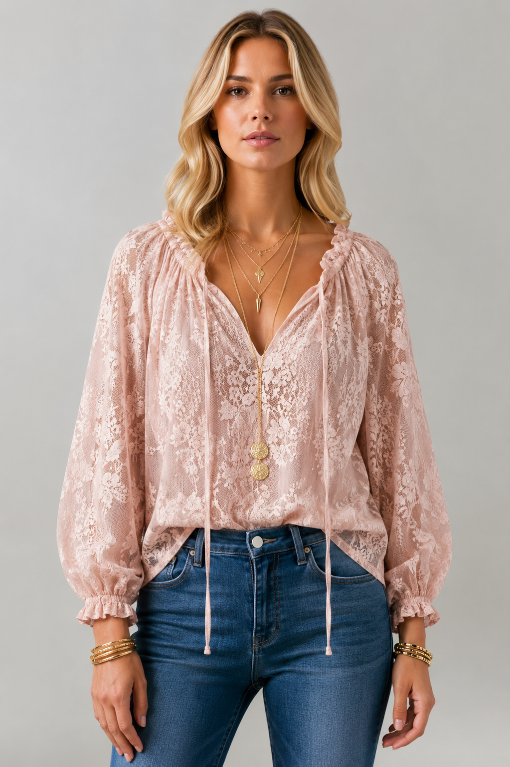 Women's Lace Blouse | Tie-Neckline Long-Sleeve Top