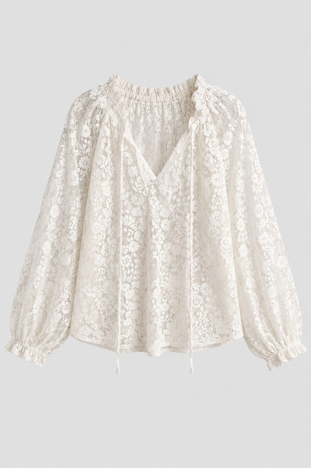 Women's Lace Blouse | Tie-Neckline Long-Sleeve Top