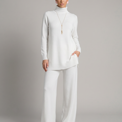 Women's Cozy Polyester Knit Loungewear Set | Relaxed Turtleneck Sweater and Wide Leg Trousers 0