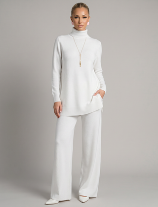 Women's Cozy Polyester Knit Loungewear Set | Relaxed Turtleneck Sweater and Wide Leg Trousers 0