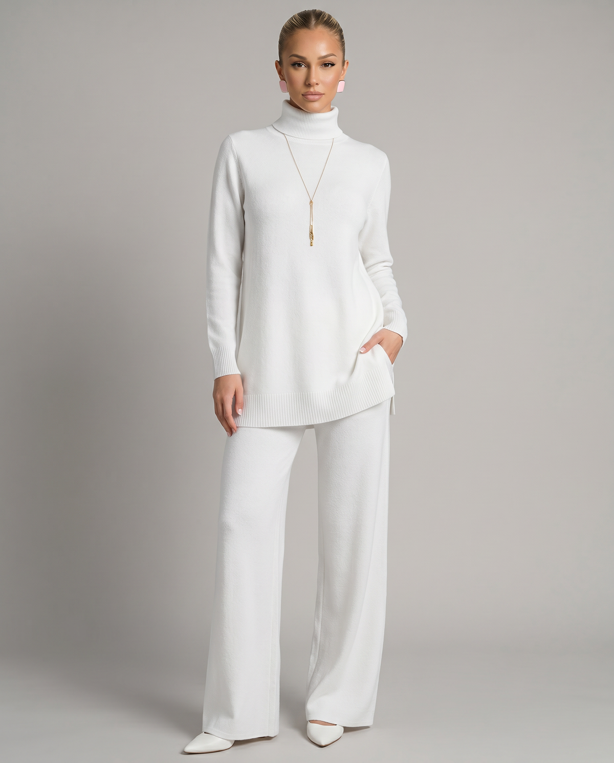 Women's Cozy Polyester Knit Loungewear Set | Relaxed Turtleneck Sweater and Wide Leg Trousers 0