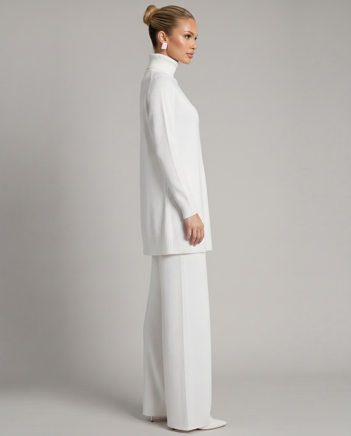 Women's Cozy Polyester Knit Loungewear Set | Relaxed Turtleneck Sweater and Wide Leg Trousers 1
