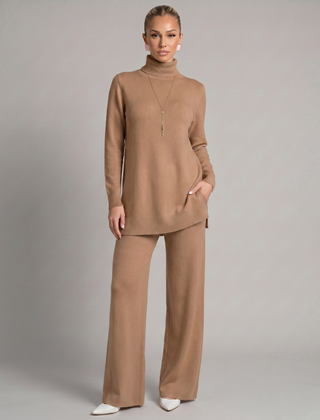 Women's Cozy Polyester Knit Loungewear Set | Relaxed Turtleneck Sweater and Wide Leg Trousers 10
