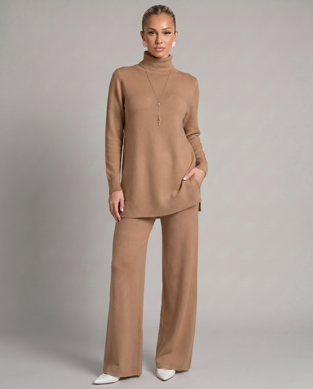 Women's Cozy Polyester Knit Loungewear Set | Relaxed Turtleneck Sweater and Wide Leg Trousers 10