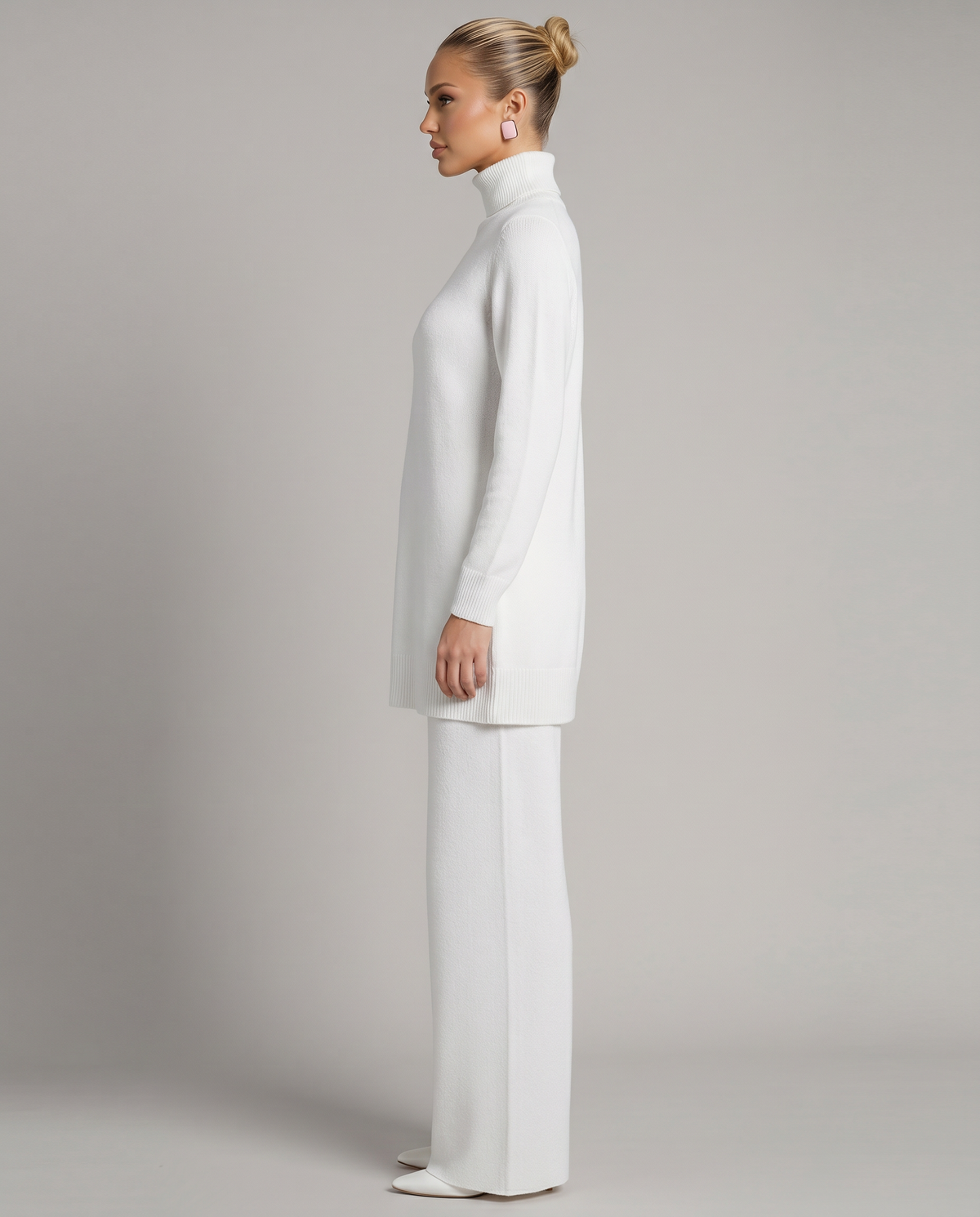 Women's Cozy Polyester Knit Loungewear Set | Relaxed Turtleneck Sweater and Wide Leg Trousers 3