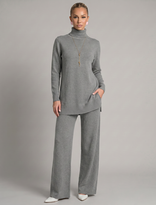 Women's Cozy Polyester Knit Loungewear Set | Relaxed Turtleneck Sweater and Wide Leg Trousers 4