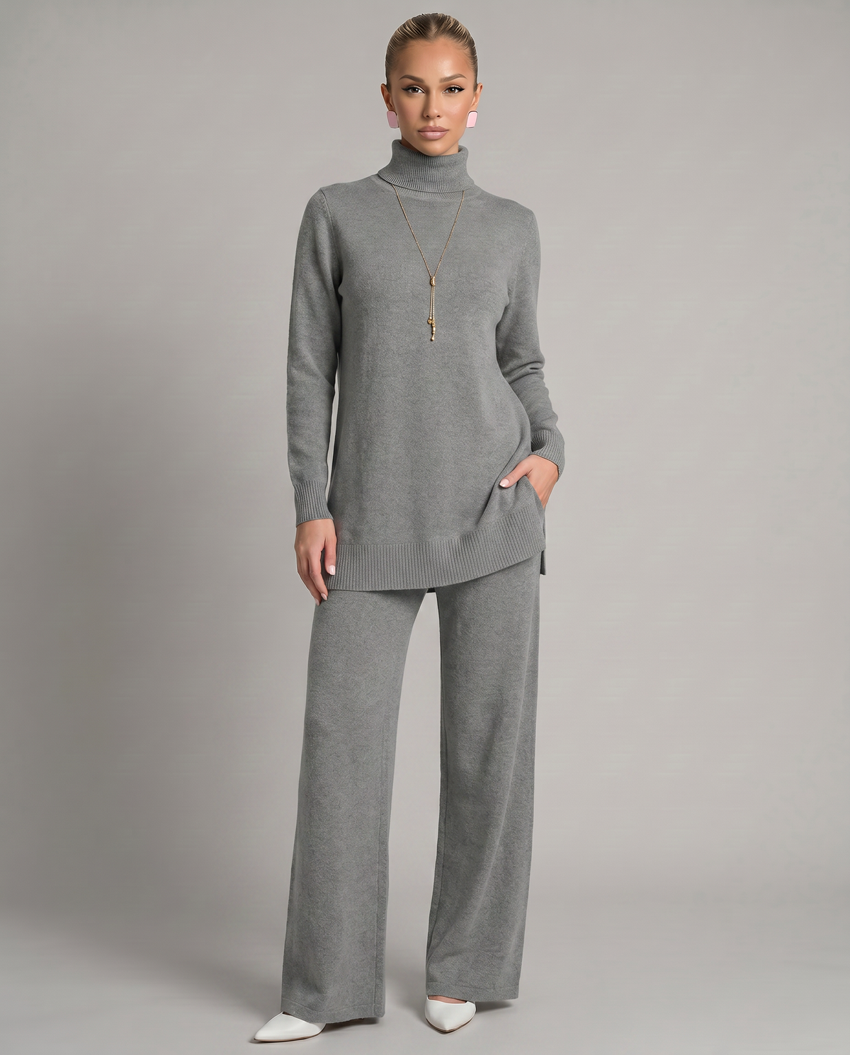 Women's Cozy Polyester Knit Loungewear Set | Relaxed Turtleneck Sweater and Wide Leg Trousers 4