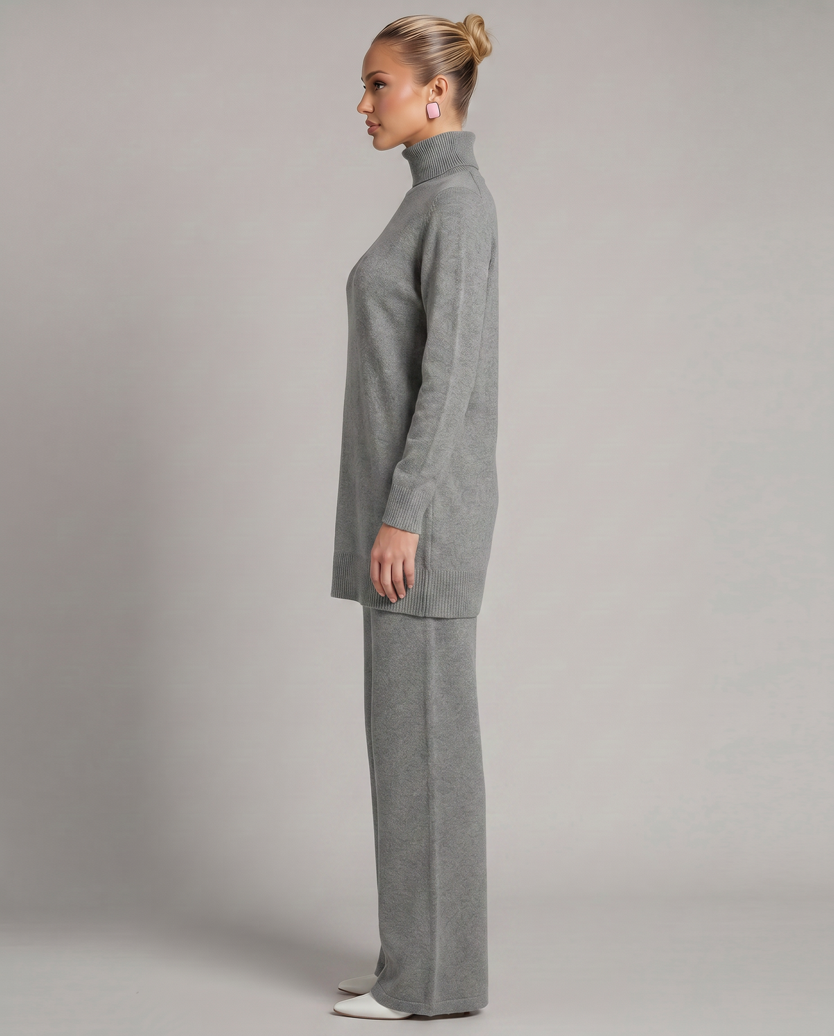 Women's Cozy Polyester Knit Loungewear Set | Relaxed Turtleneck Sweater and Wide Leg Trousers 5
