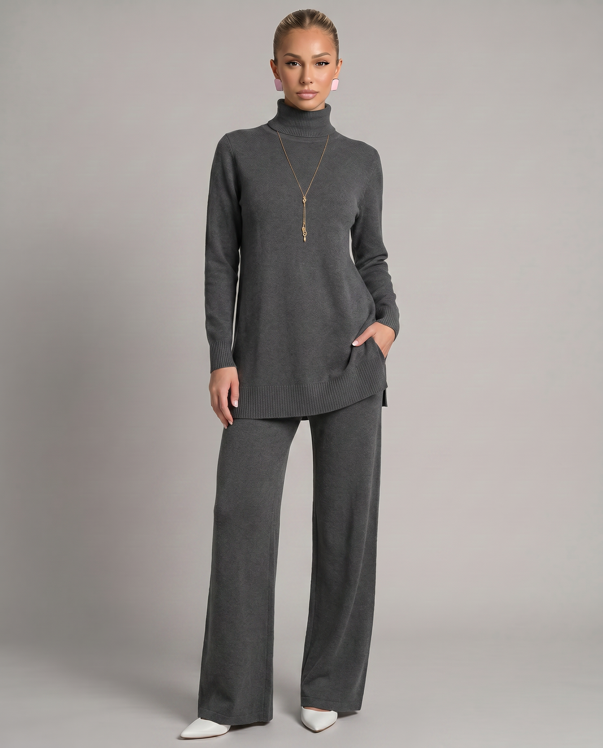 Women's Cozy Polyester Knit Loungewear Set | Relaxed Turtleneck Sweater and Wide Leg Trousers 7