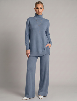 Women's Cozy Polyester Knit Loungewear Set | Relaxed Turtleneck Sweater and Wide Leg Trousers 9