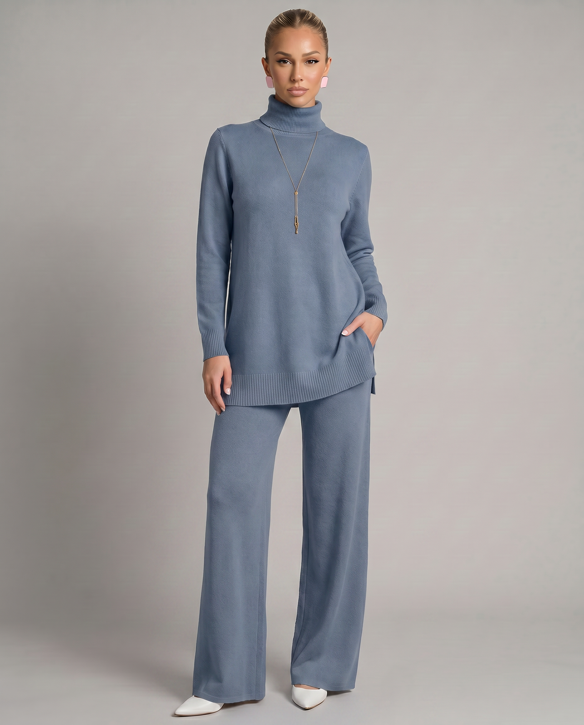 Women's Cozy Polyester Knit Loungewear Set | Relaxed Turtleneck Sweater and Wide Leg Trousers 9
