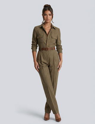 Women's Structured Tweed Checkered Jumpsuit | Elegant Wide-Leg Tailored Outfit 0