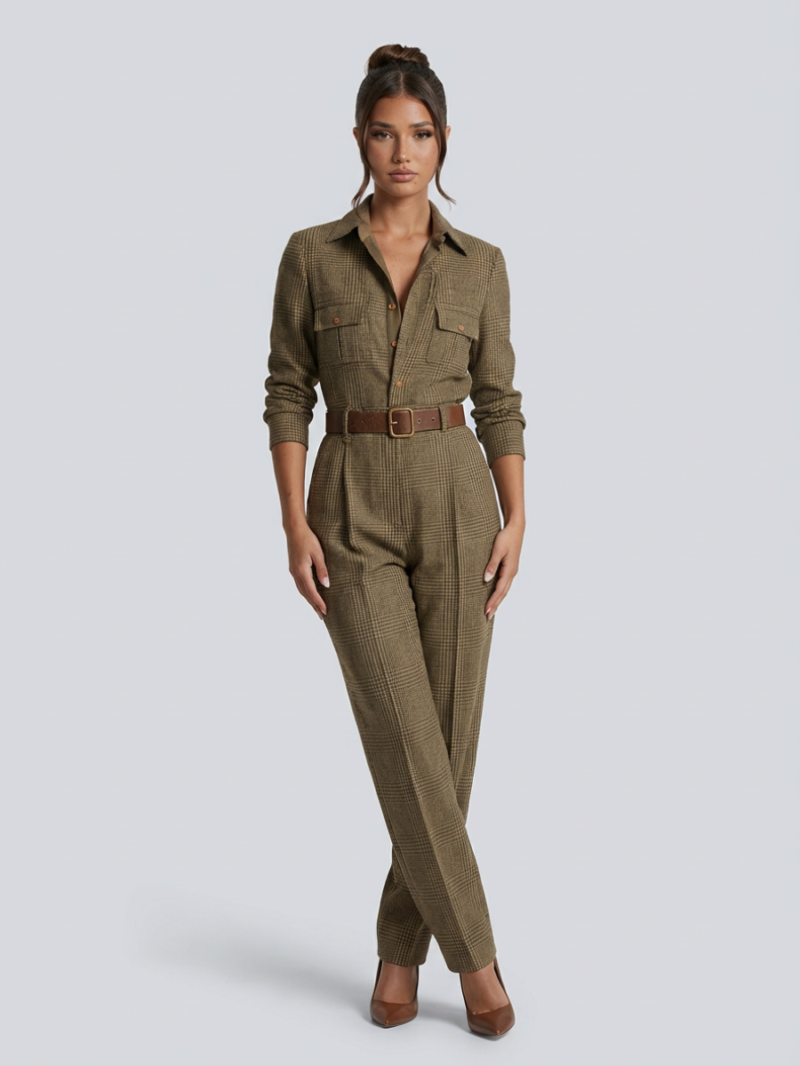 Women's Structured Tweed Checkered Jumpsuit | Elegant Wide-Leg Tailored Outfit 0