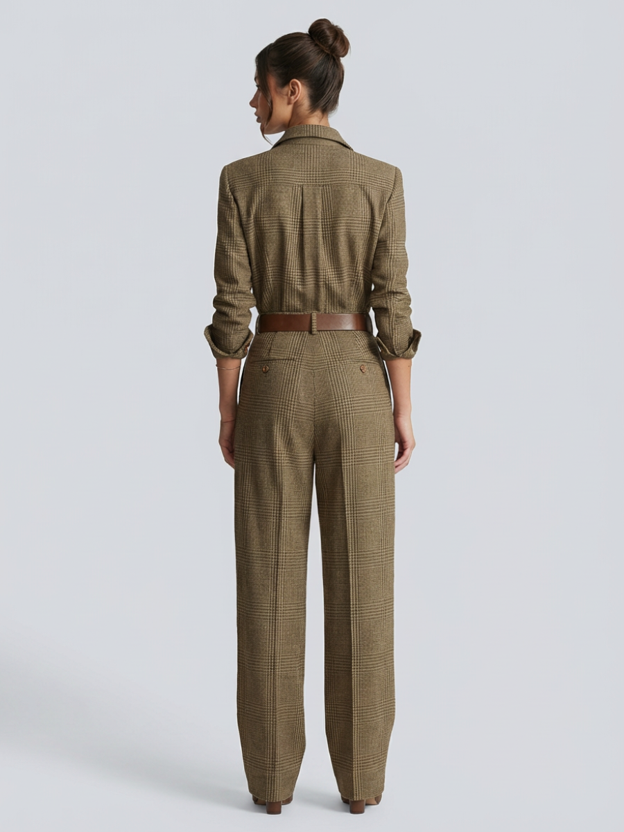 Women's Structured Tweed Checkered Jumpsuit | Elegant Wide-Leg Tailored Outfit 1