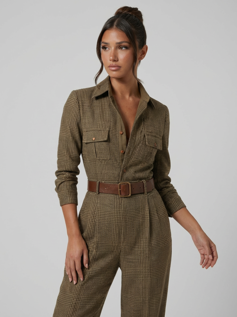Women's Structured Tweed Checkered Jumpsuit | Elegant Wide-Leg Tailored Outfit 2