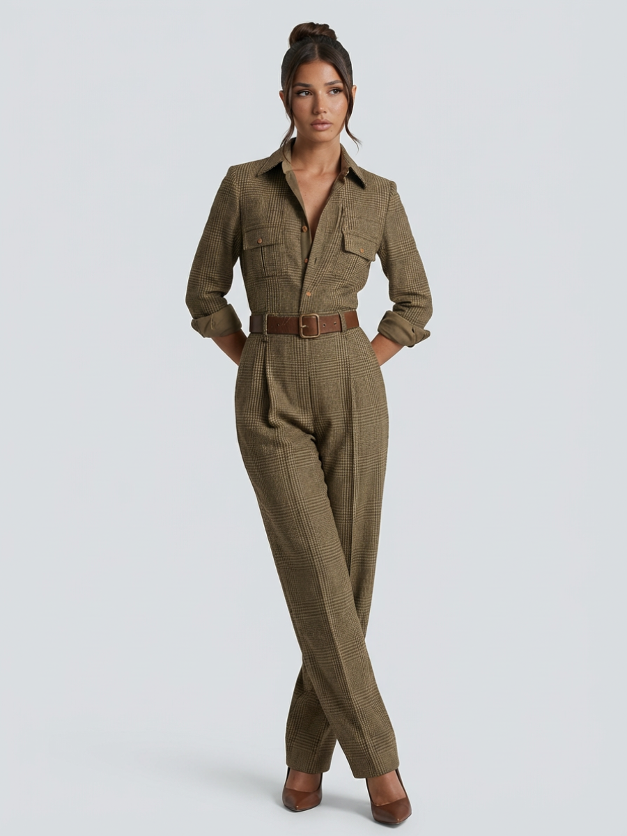 Women's Structured Tweed Checkered Jumpsuit | Elegant Wide-Leg Tailored Outfit 4