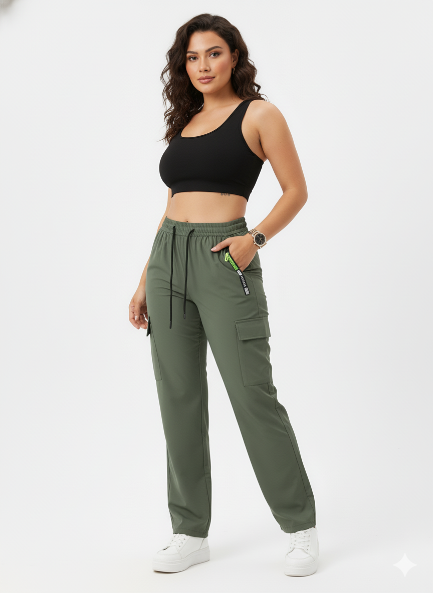 Women's Lightweight Cargo Pants with Zip Pocket and Drawstring Waist