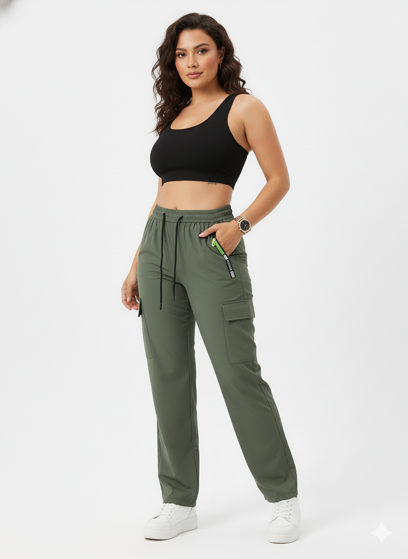 Women's Lightweight Cargo Pants with Zip Pocket and Drawstring Waist