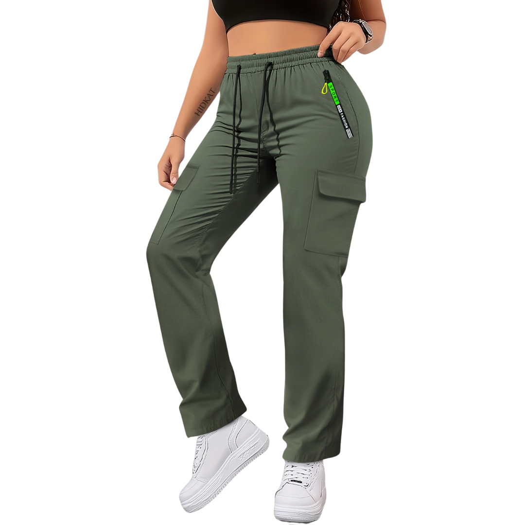 Women's Lightweight Cargo Pants with Zip Pocket and Drawstring Waist