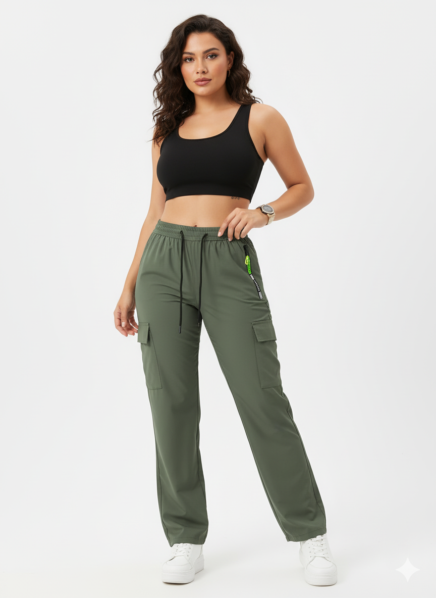 Women's Lightweight Cargo Pants with Zip Pocket and Drawstring Waist