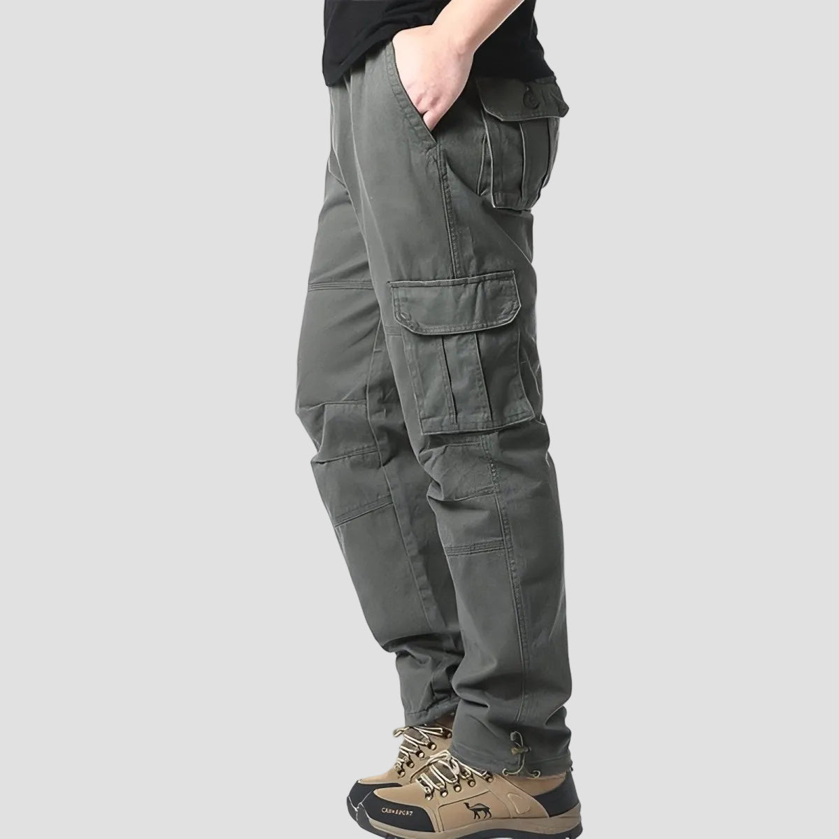 Men's Cotton Cargo Hiking Pants With Elastic Waist And Ankle Drawcords