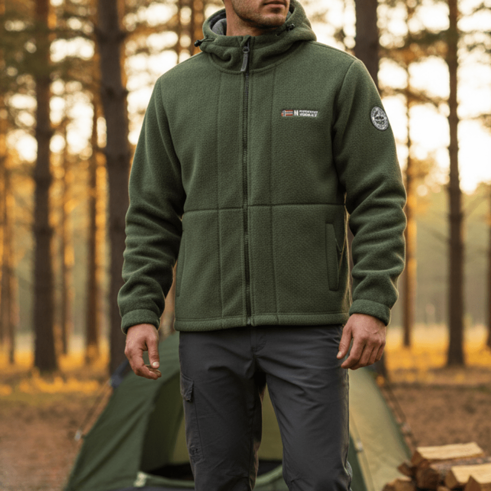 Men's Windproof Hooded Fleece Jacket with Zip Pockets