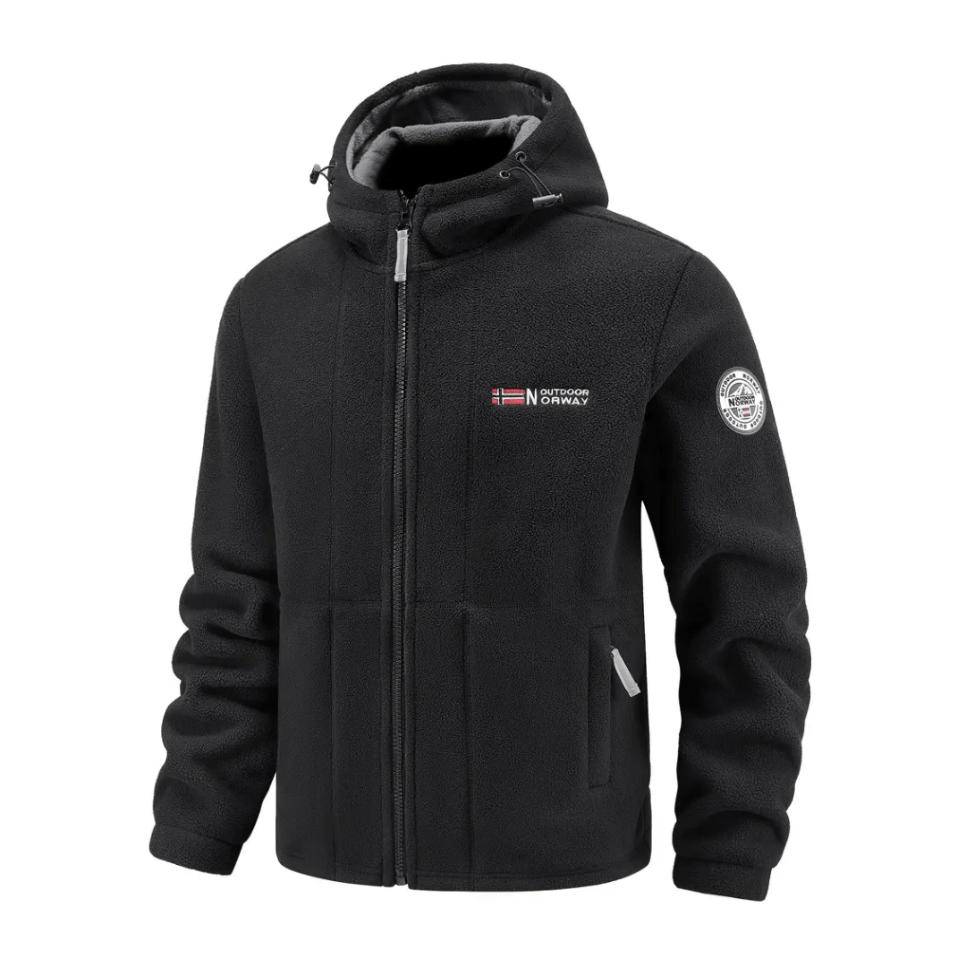 Men's Windproof Hooded Fleece Jacket with Zip Pockets