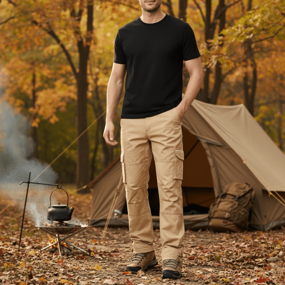 Men's Cotton Cargo Hiking Pants With Elastic Waist And Ankle Drawcords