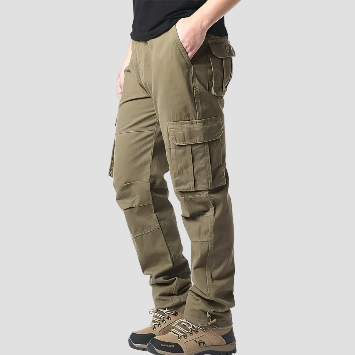 Men's Cotton Cargo Hiking Pants With Elastic Waist And Ankle Drawcords