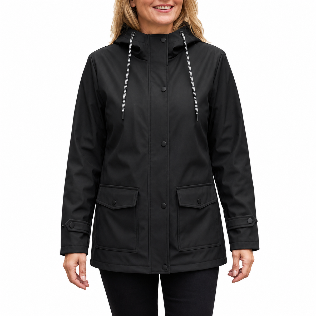 Women's Lightweight Water Repellent Hooded Rain Jacket with Flap Pockets