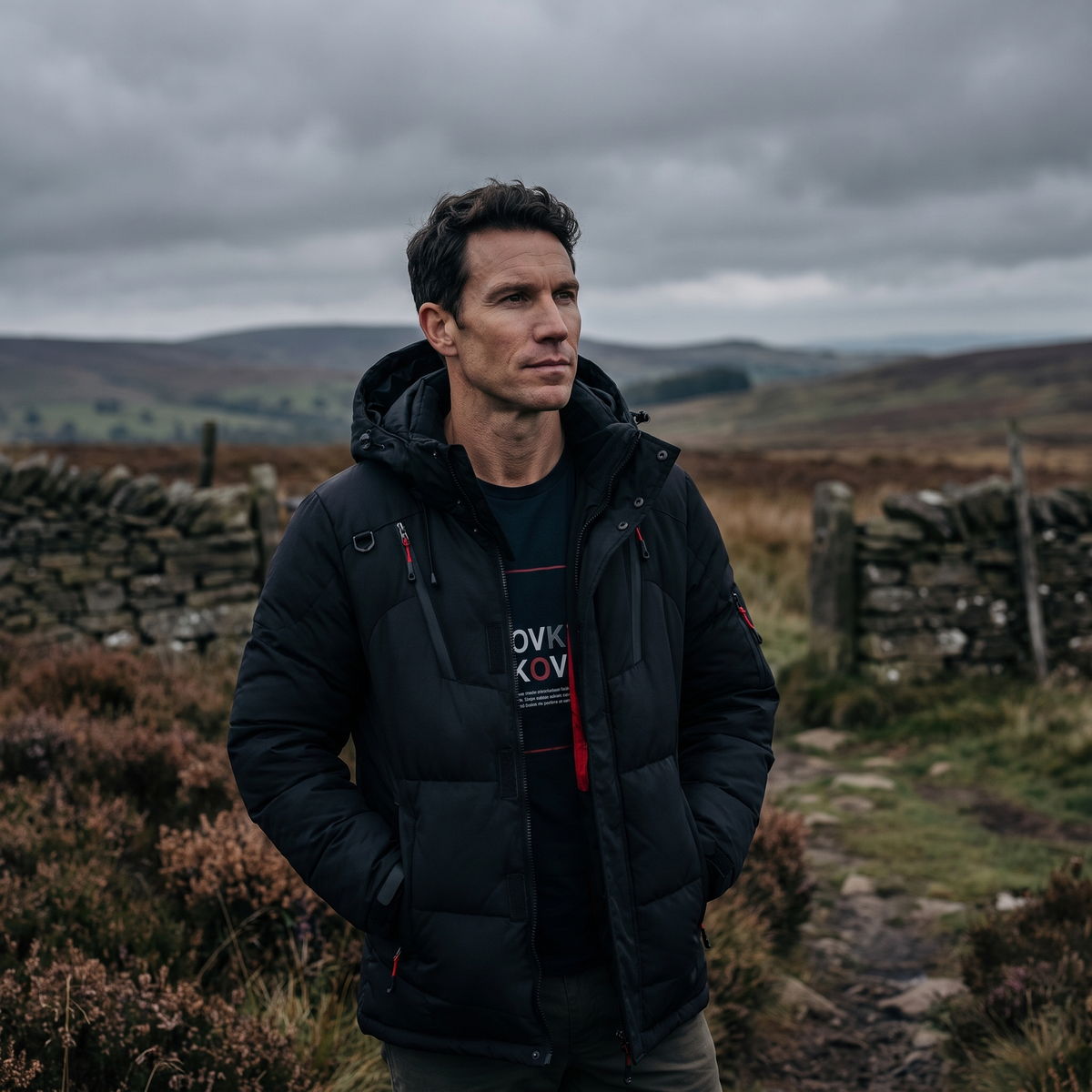 Men's Down Puffer Jacket with Detachable Hood and Multi Zip Pockets