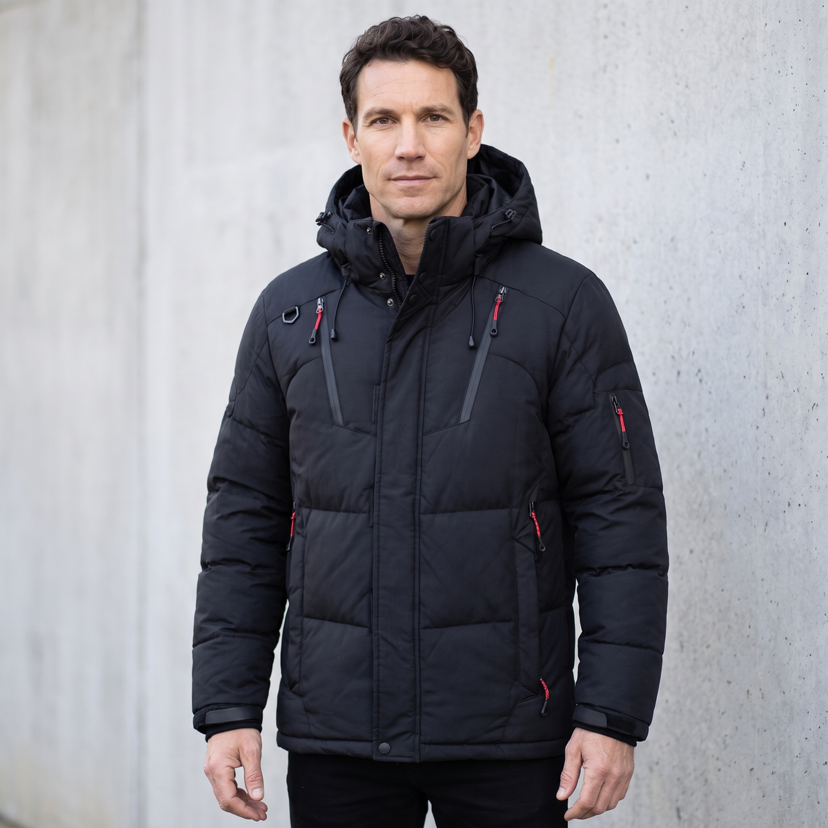 Men's Down Puffer Jacket with Detachable Hood and Multi Zip Pockets