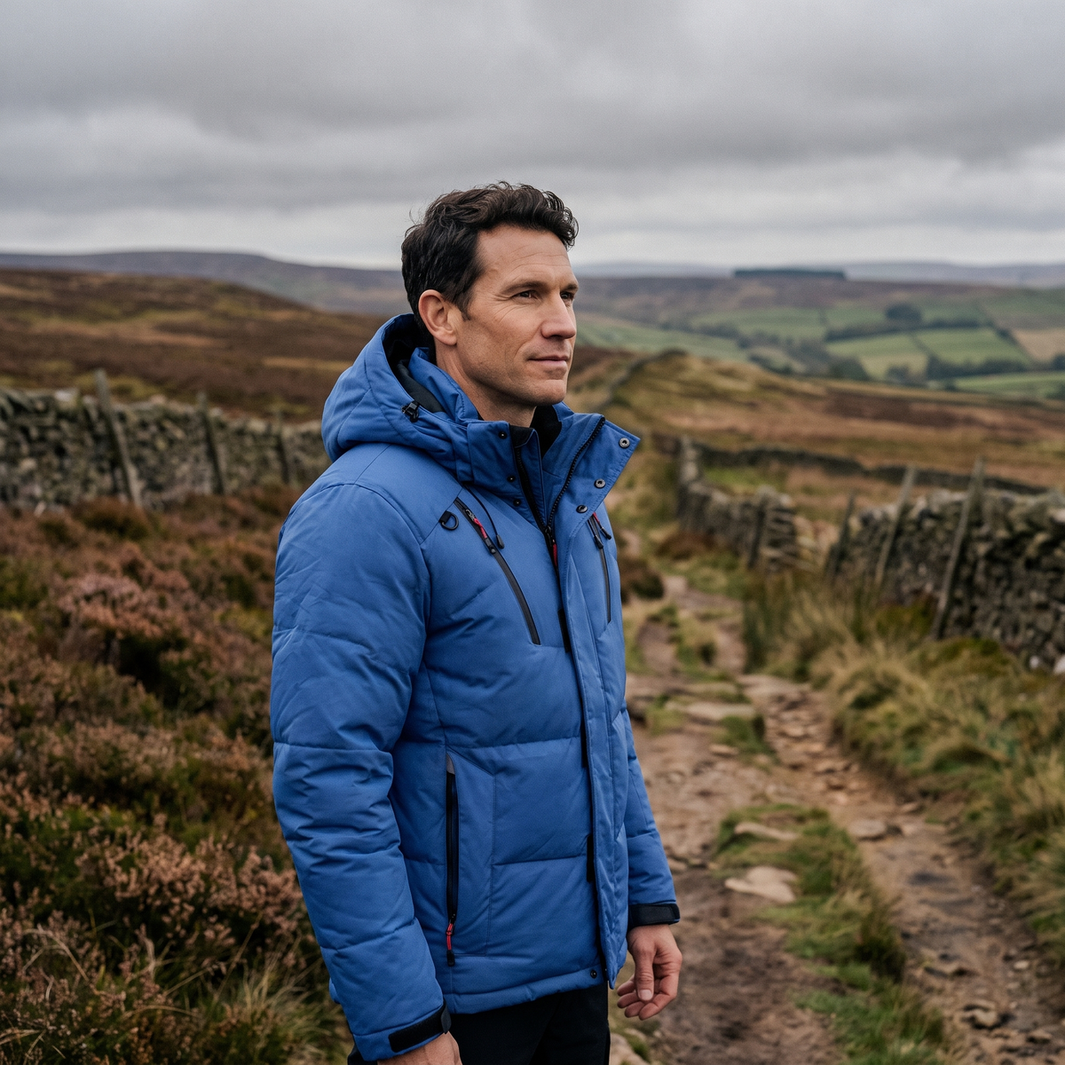 Men's Down Puffer Jacket with Detachable Hood and Multi Zip Pockets