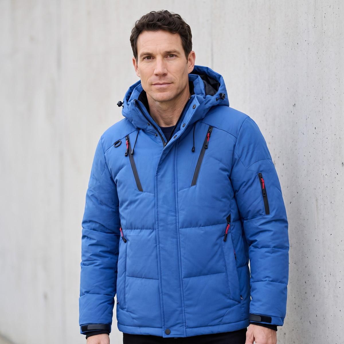 Men's Down Puffer Jacket with Detachable Hood and Multi Zip Pockets