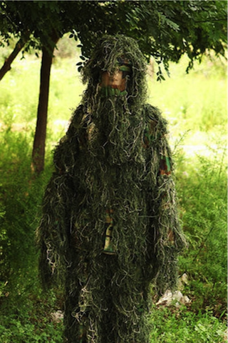 Men's Woodland Camo Ghillie Suit with Rifle Wrap and Storage Bag