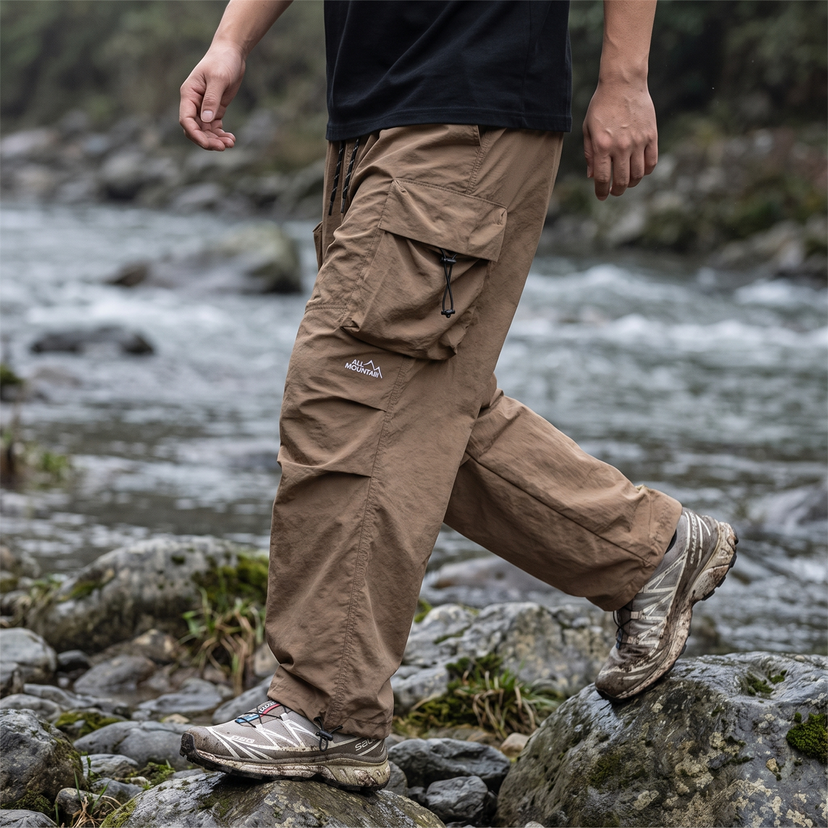 Men’s Baggy Cargo Pants with Zip Pockets and Adjustable Drawstring Waist and Ankles