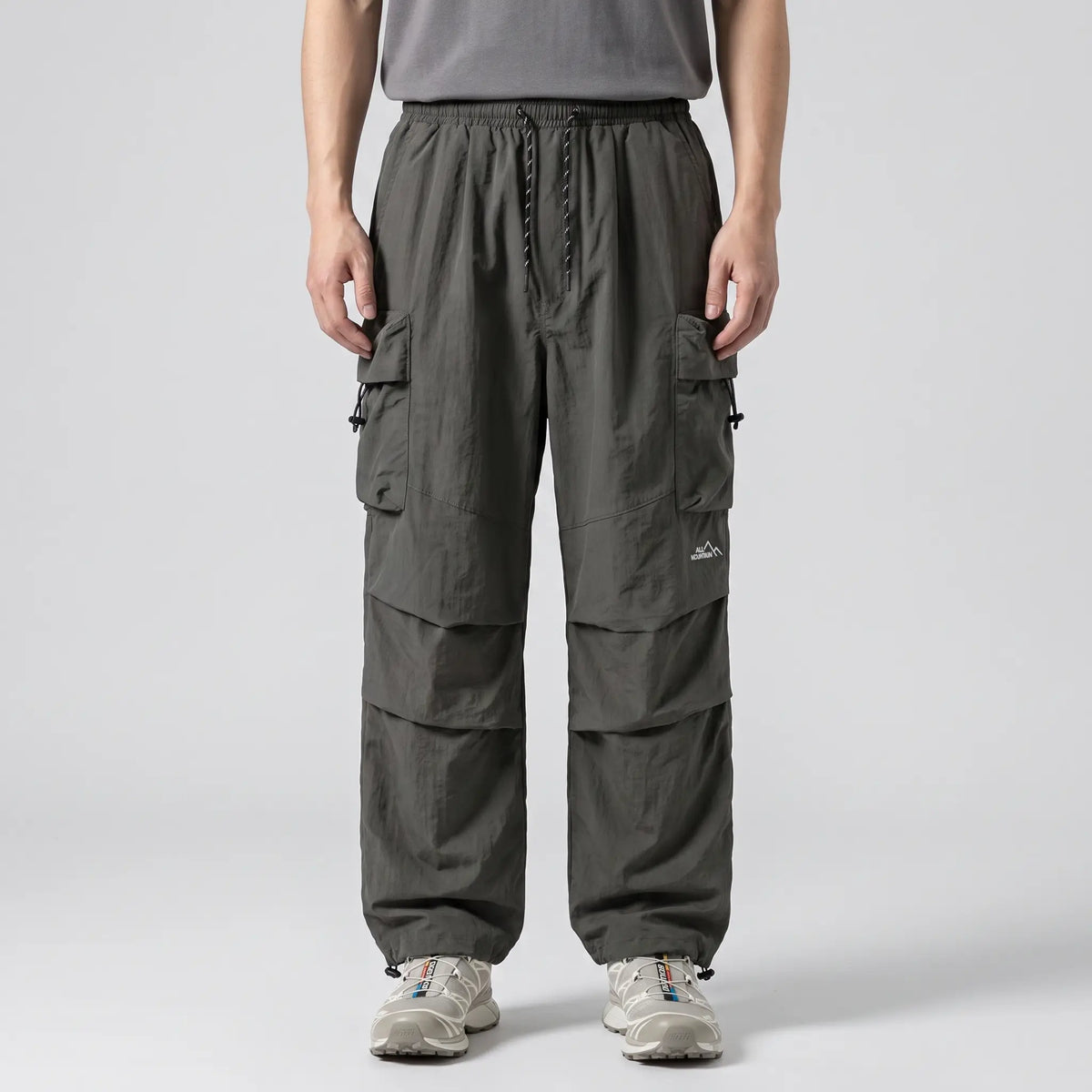 Men’s Baggy Cargo Pants with Zip Pockets and Adjustable Drawstring Waist and Ankles