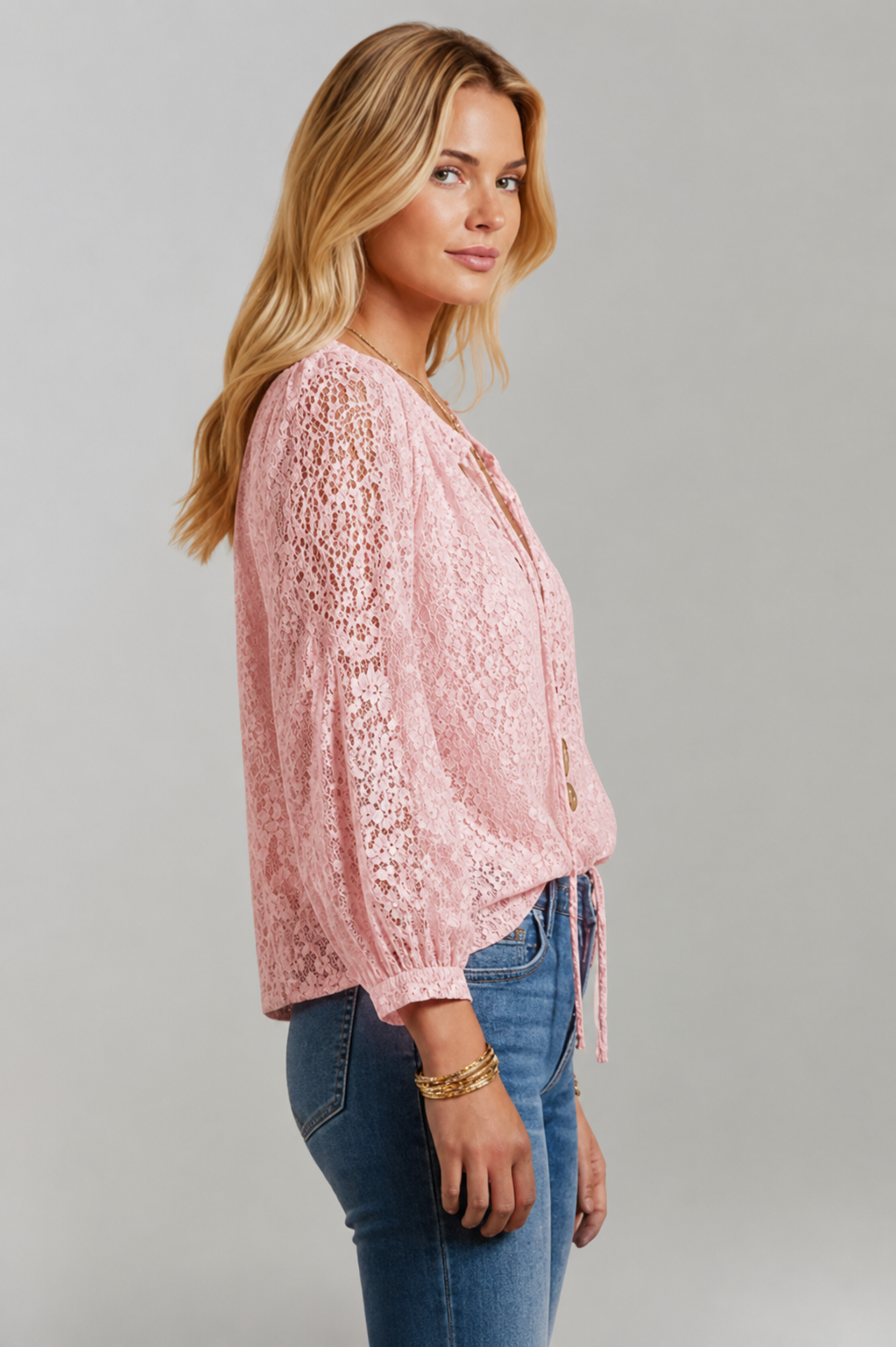Women's Lace Blouse | Tie-Neckline Long-Sleeve Top